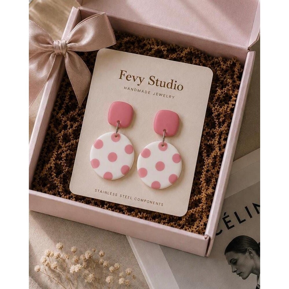 Pink Polka Dot Statement Earrings | Handmade Polymer Clay | Gift for Her